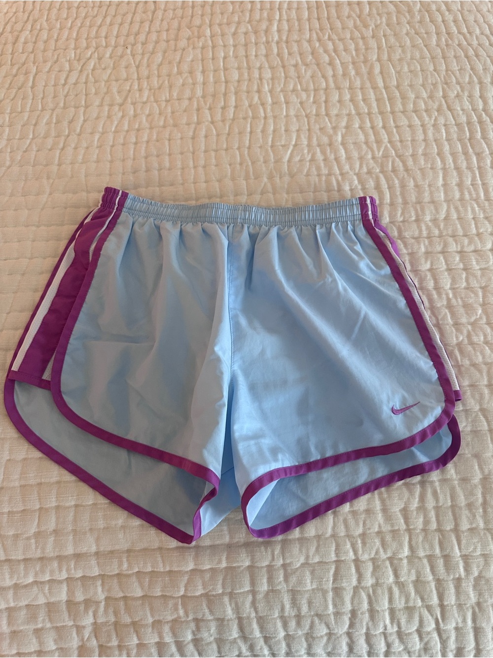 Nike Women's Light Blue Athletic Shorts with Purple Trim